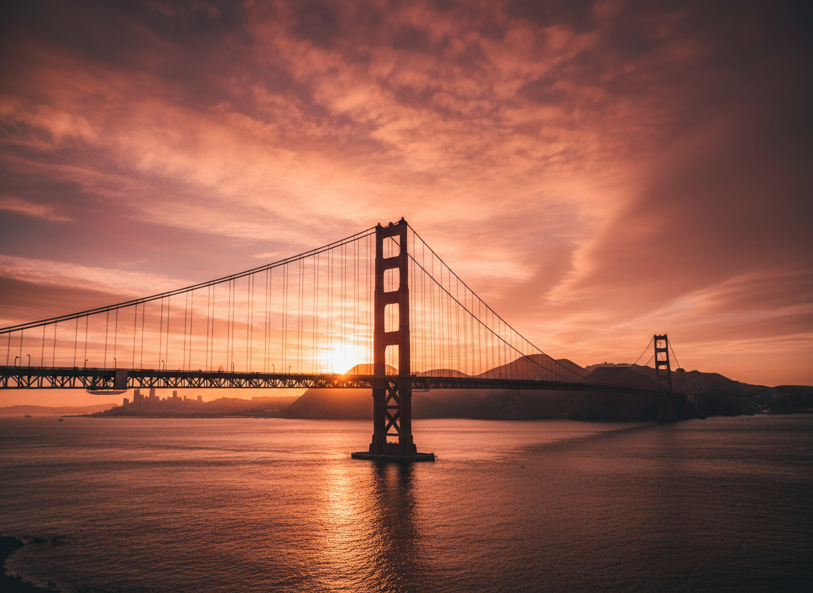 Golden Gate Bridge at golden hour, wide cinematic landscape, warm orange and pink sky, dramatic clouds, San Francisco Bay in background